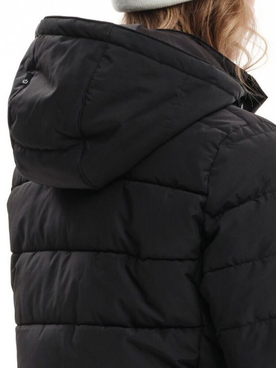 Women's Short Puffer Jacket Waterproof and Windproof for Winter with Detachable Hood Black