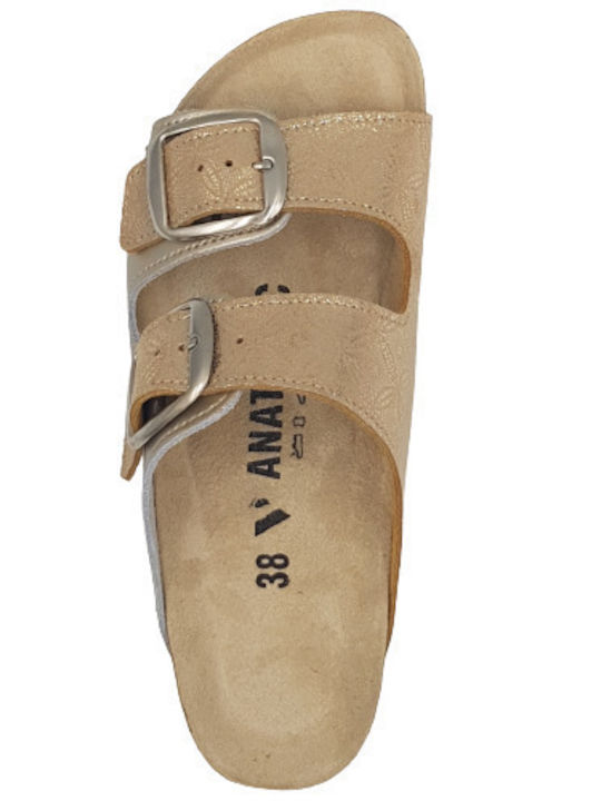 Leather Women's Flat Sandals Anatomic in Gold Color
