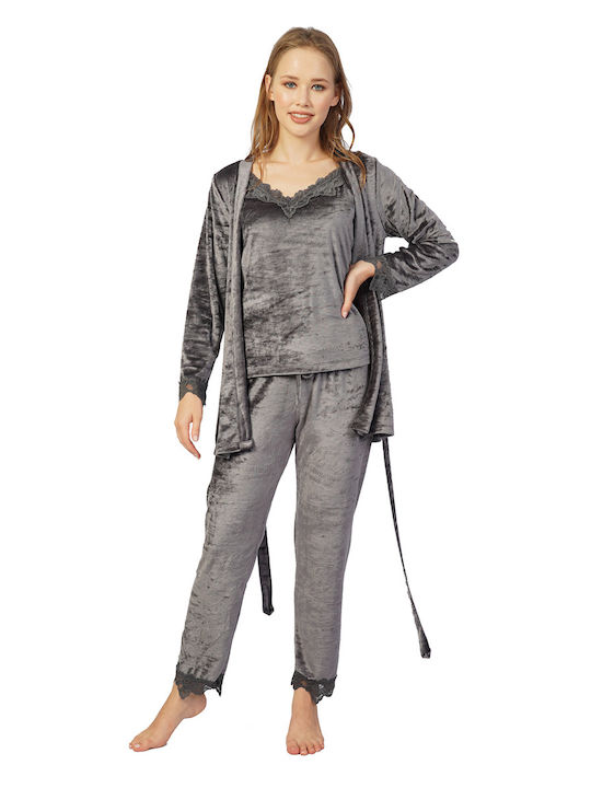 Vienetta Secret Winter Damen Samt Robe mit Pyjama Gray