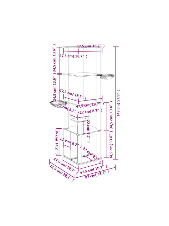 vidaXL Scratching Post Cat Trees Gray 4 levels 97x74.5x147cm
