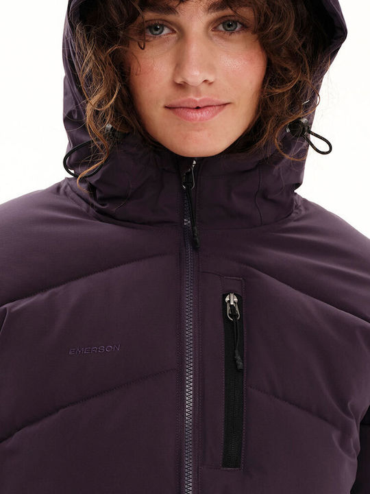 Women's Short Puffer Jacket Waterproof and Windproof for Winter with Hood Purple