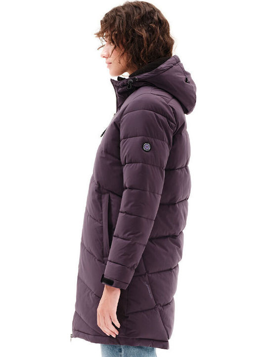 Women's Short Puffer Jacket Waterproof and Windproof for Winter with Hood Purple
