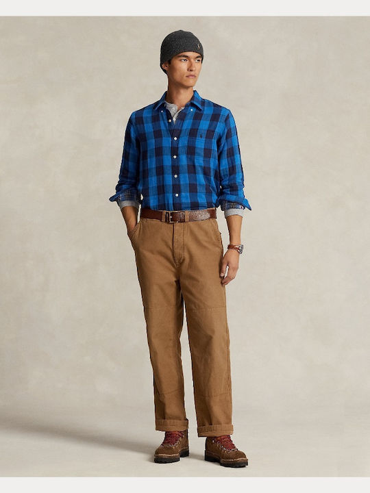 Long-sleeved Flannel Shirt Checked Blue