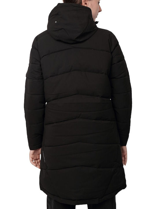 Women's Long Puffer Jacket for Spring or Autumn with Hood Black