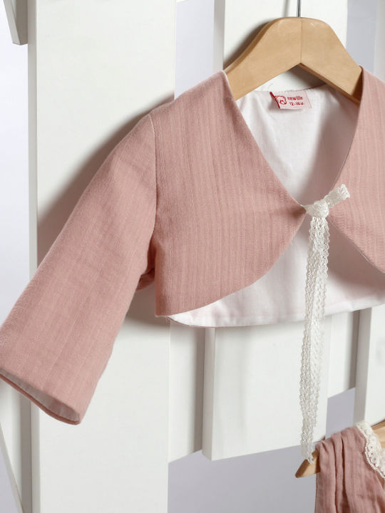 New Life Roz Set de Haine de Botez cu Rochie , Accesorii pentru păr & Cardigan Tricotat 3buc