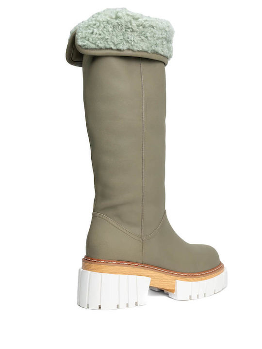 Leather Medium Heel Women's Boots Green