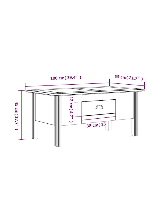 Central Rectangular Coffee Table Made of Solid Wood with Drawers Gray M100xW55xH45cm