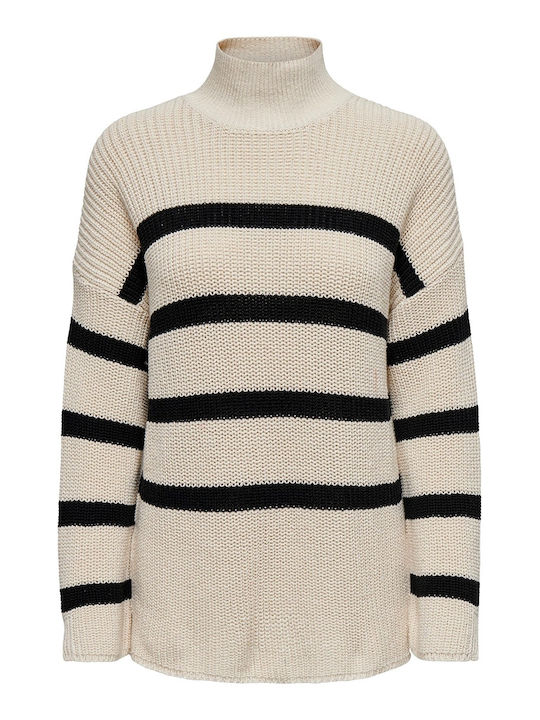 Only Life Women's Long Sleeve Pullover Cotton Turtleneck Striped Pumice Stone