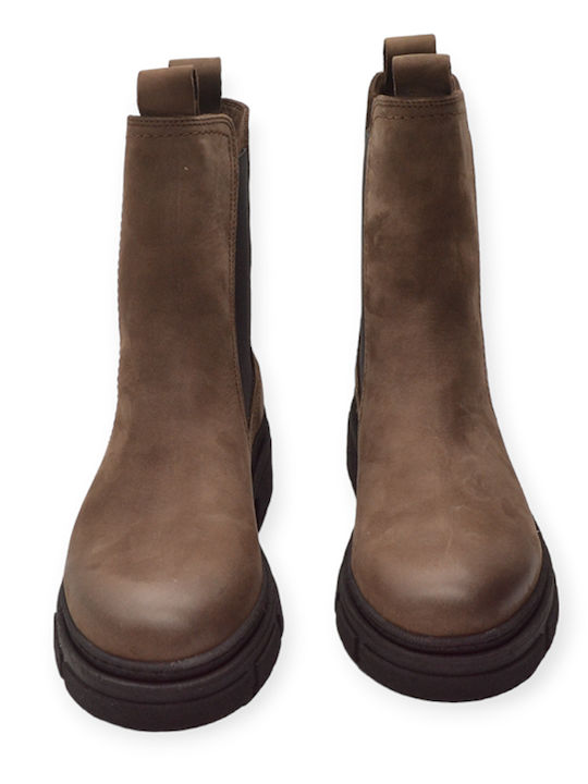 Leather Women's Chelsea Boots with Medium Heel Brown
