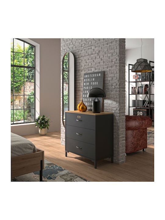 Manchester Wooden Chest of Drawers with 3 Drawers Helvezia Oak / Black 81x40x82cm