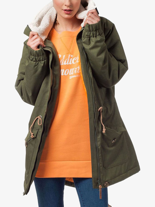 Women's Short Puffer Jacket for Spring or Autumn Khaki
