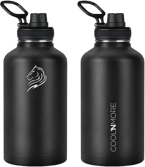 Cool'NMore Jet Stainless Steel Thermos Bottle BPA Free 2lt Jet Black with Handle Straw Loop and Mouthpiece