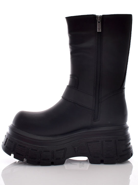 Seek Leather Women's Biker Boots with Medium Heel Black