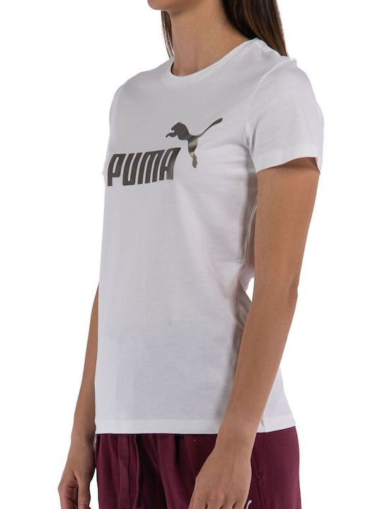 Puma Ess+ Metallic Logo Women's Athletic Blouse Short Sleeve White