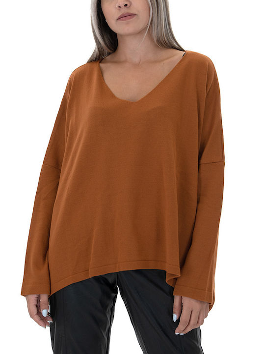 MY T Women's Long Sleeve Sweater with V Neckline Brown