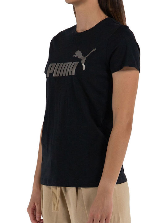 Puma Ess+ Metallic Logo Bluză Sportivă pentru Femei Mâneci scurte Neagră