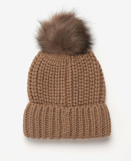Saltburn Pom Pom Beanie Feminin Căciulă cu Tricotaj Rib în culoarea Bej