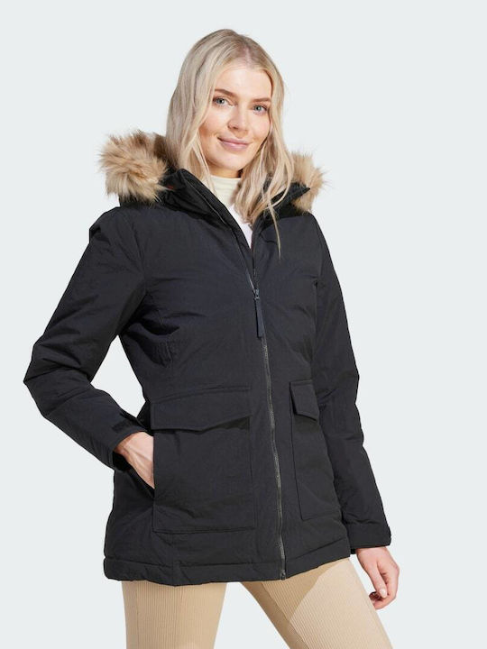 Women's Short Parka Jacket for Winter with Hood Black
