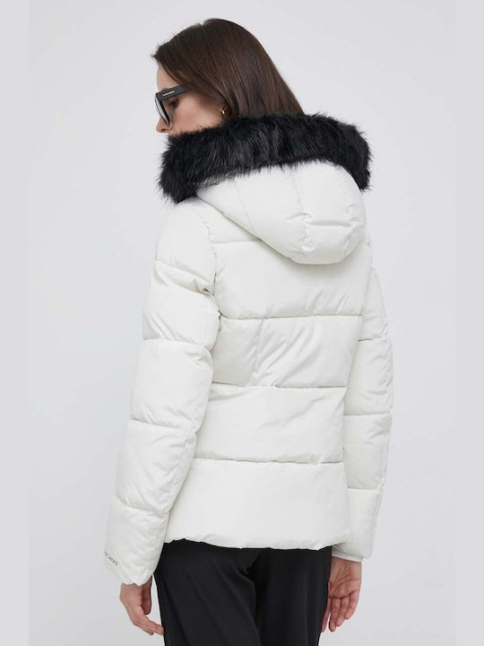 Calvin Klein Women's Short Puffer Jacket for Winter with Hood White