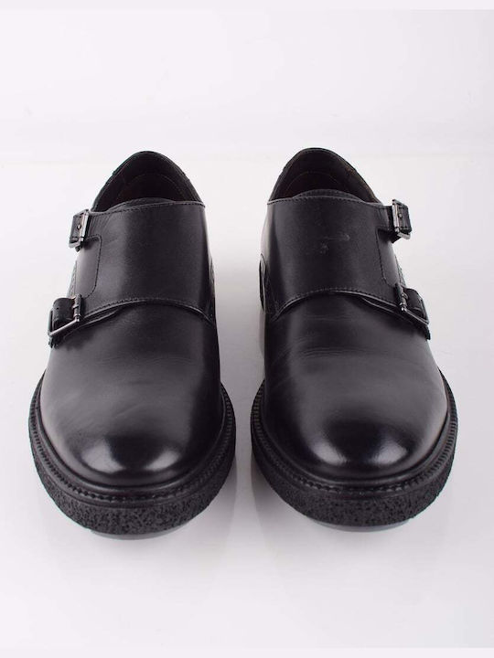 BASE LONDON KOOK BLACK LEATHER SHOE WITH PERFORATED PATTERN AND DOUBLE BUCKLE 000717 KOOK.WAXY BLACK