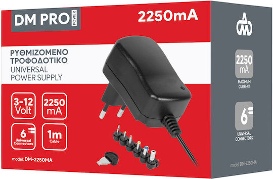 DM Pro Universal Power Adapter Adjustable Voltage 3 to 12V 2.25A with Power 27W with Plug Set (DM-2250MA)