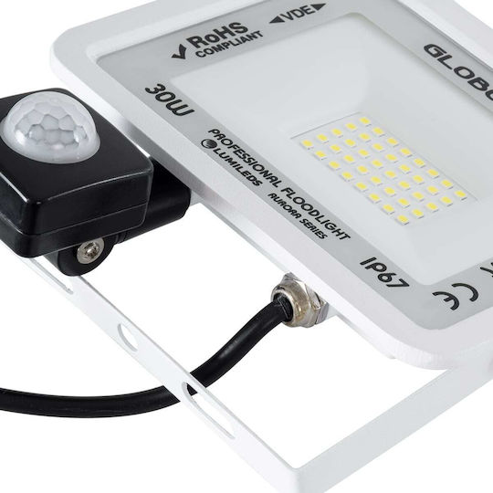 GloboStar Aurora Στεγανός Προβολέας LED 30W Ψυχρό Λευκό 6000K με Αισθητήρα Κίνησης IP67