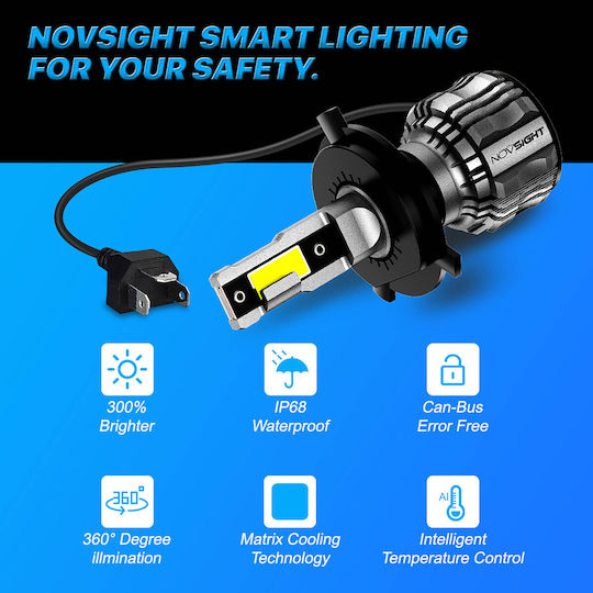 NovSight Λάμπες Αυτοκινήτου & Μοτοσυκλέτας H4 LED 6500K Ψυχρό Λευκό 12V 72W 2τμχ