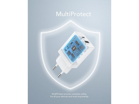 Veger Charger Without Cable with USB-A Port and USB-C Port 30W Power Delivery Quick Charge 3.0 SuperCharge White (VLS302U)