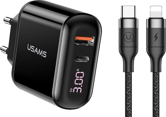Usams Mobile Phone Charger with USB-A and USB-C Output Ports and USB-C - Lightning Cable 33W Power Delivery / Quick Charge 3.0 Black