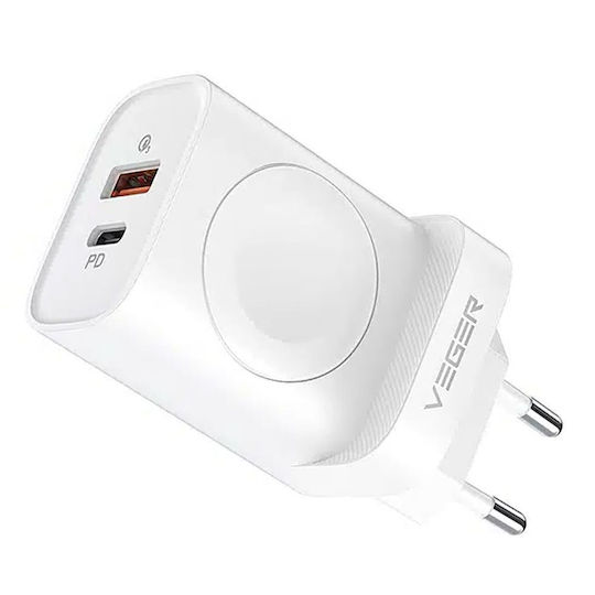 Veger Charger Without Cable with USB-A Port and USB-C Port 20W Power Delivery Whites (W002E)