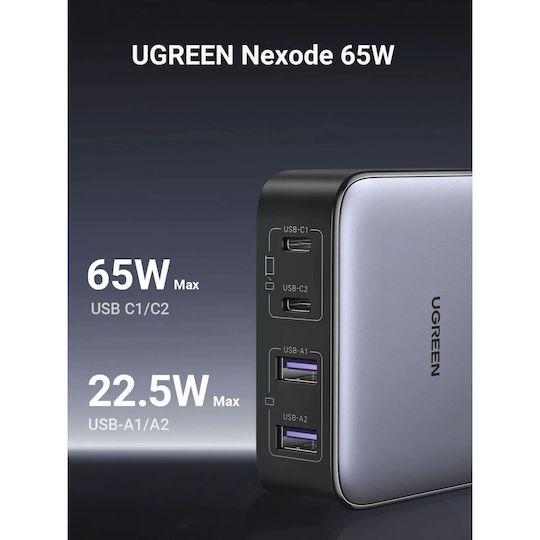 Ugreen Φορτιστής Χωρίς Καλώδιο GaN με 2 Θύρες USB-A και 2 Θύρες USB-C 65W Power Delivery / Quick Charge 4.0 Μαύρος (Nexode GaN CD327)