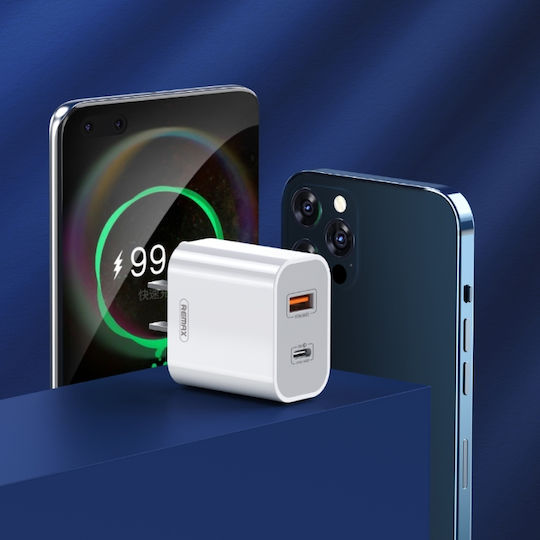 Remax Φορτιστής Χωρίς Καλώδιο με Θύρα USB-A και Θύρα USB-C 20W Power Delivery Λευκός (RP-U68)