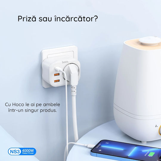 Hoco Φορτιστής Χωρίς Καλώδιο με 2 Θύρες USB-A και Θύρα USB-C 20W Power Delivery / Quick Charge 3.0 Λευκός (NS3)