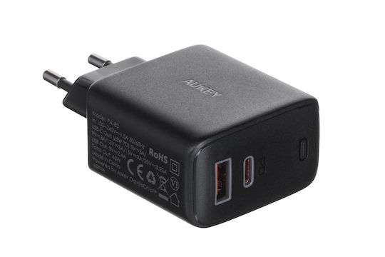 Aukey Φορτιστής Χωρίς Καλώδιο GaN με Θύρα USB-A και Θύρα USB-C 65W Power Delivery Μαύρος (PA-B3)