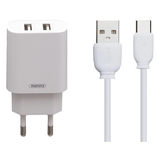 Remax Charger with 2 USB-A Ports and Cable USB-C Whites (RP-U35)