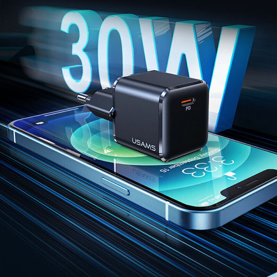 Usams Mobile Phone Charger with USB-C Port and USB-C - Lightning Cable 30W Power Delivery Black