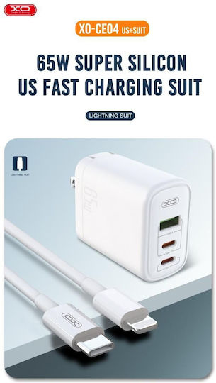 XO Ladegerät ohne Kabel mit USB-A Anschluss und 2 USB-C Anschlüsse 65W Weißs (CE04)