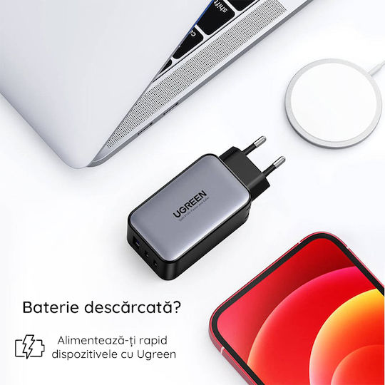 Ugreen Incarcator Fara Cablu GaN cu Port USB-A si 2 Porturi USB-C 65W Alb (Nexode)