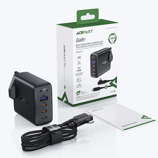 Acefast GaN Charger With USB-A Port And 3 USB-C Ports And USB-C Cable 100W Power Delivery Quick Charge 2.0 Quick Charge 3.0 Quick Charge 4+ White Black (2xA40 UK Socket)