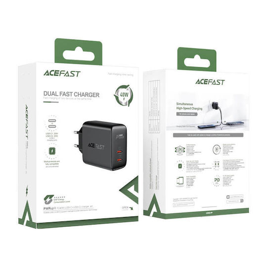 Acefast Ladegerät ohne Kabel mit 2 USB-C Anschlüsse 40W Stromlieferung Schwarzs (A9)