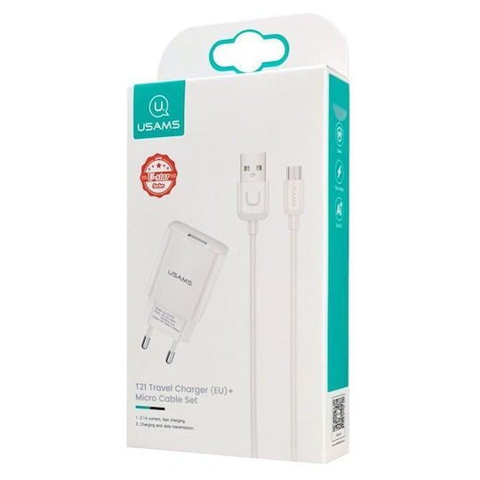 Usams Ladegerät mit USB-A Anschluss und Kabel Micro-USB Weißs (T21)