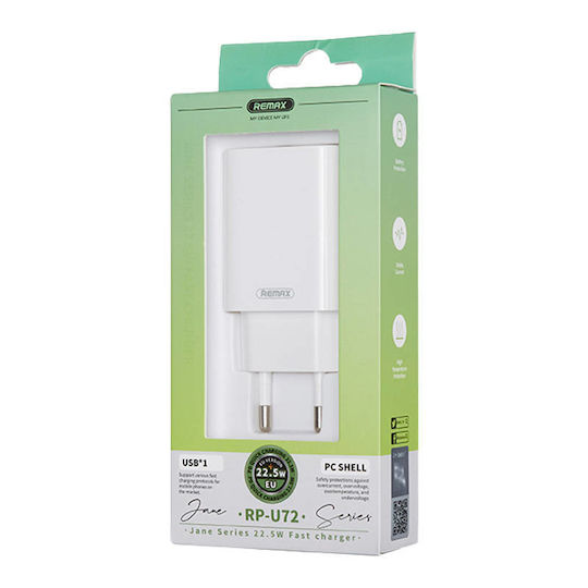 Remax Φορτιστής Χωρίς Καλώδιο με Θύρα USB-A 22.5W Quick Charge 3.0 Λευκός (RP-U72)
