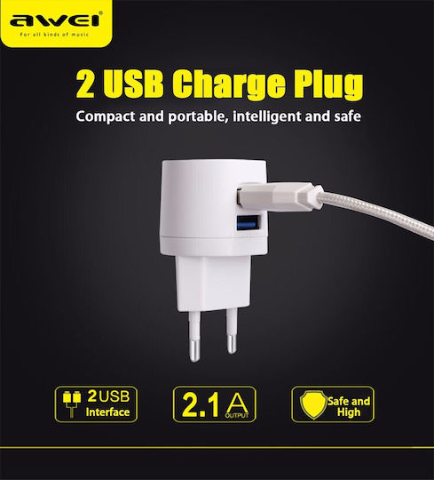 Awei Φορτιστής με 2 Θύρες USB-A και Καλώδιο micro USB Λευκός (C-900)