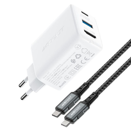 Acefast Φορτιστής GaN με Θύρα USB-A και Θύρα USB-C και Καλώδιο USB-C 100W Power Delivery / Quick Charge 3.0 Λευκός (A17)
