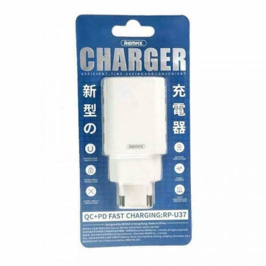 Remax Φορτιστής Χωρίς Καλώδιο με Θύρα USB-A και Θύρα USB-C 18W Quick Charge 3.0 Λευκός (RP-U37)