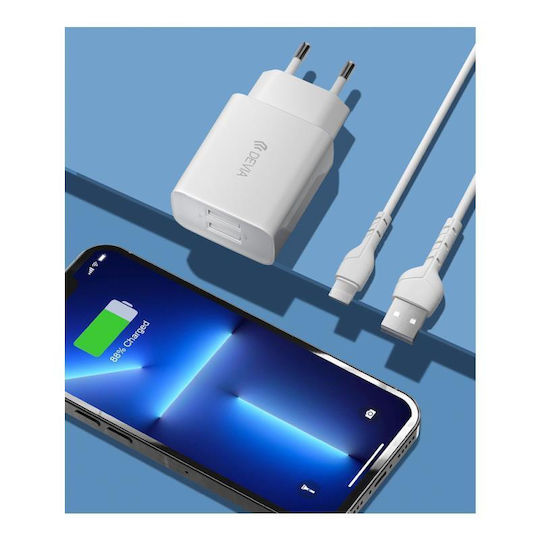 Devia Φορτιστής με Θύρα USB-A και Καλώδιο Lightning Λευκός (Smart)