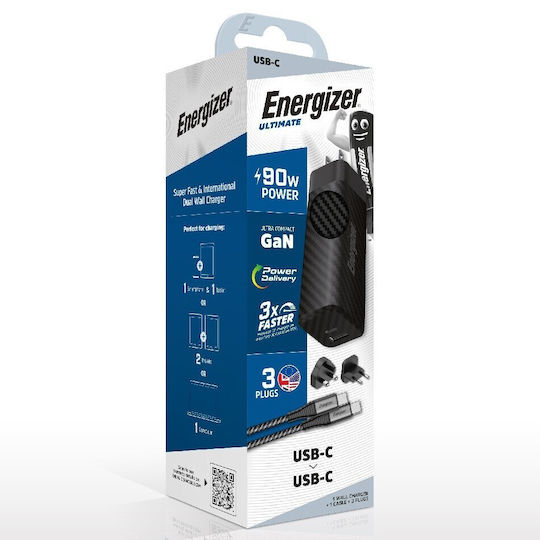 Energizer Φορτιστής GaN με Θύρα USB-A και Θύρα USB-C και Καλώδιο USB-C 90W Power Delivery Μαύρος (A90MUC EU / UK / US)