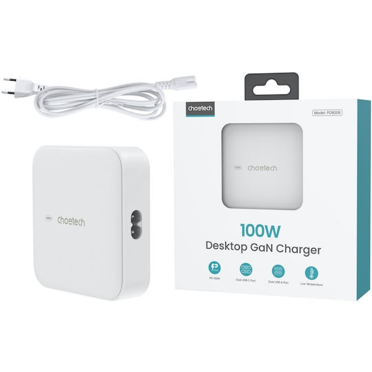 Choetech Choetech GaN Handyladegerät ohne Kabel mit 2 USB-A Ausgangsanschlüsse und 2 USB-C Ausgangsanschlüsse 100W Schnellladetechnologie Quick Charge 3.0 Schwarz