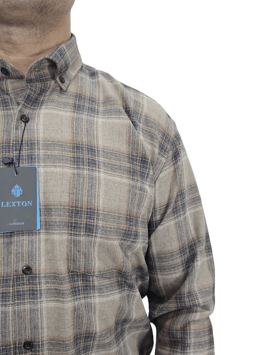 Lexton Men's Shirt Long Sleeve Flannel Checked Beige