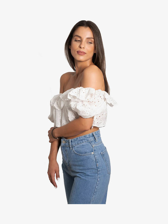 Olian Damen Sommer Bluse Baumwolle Kurzärmelig Weiß